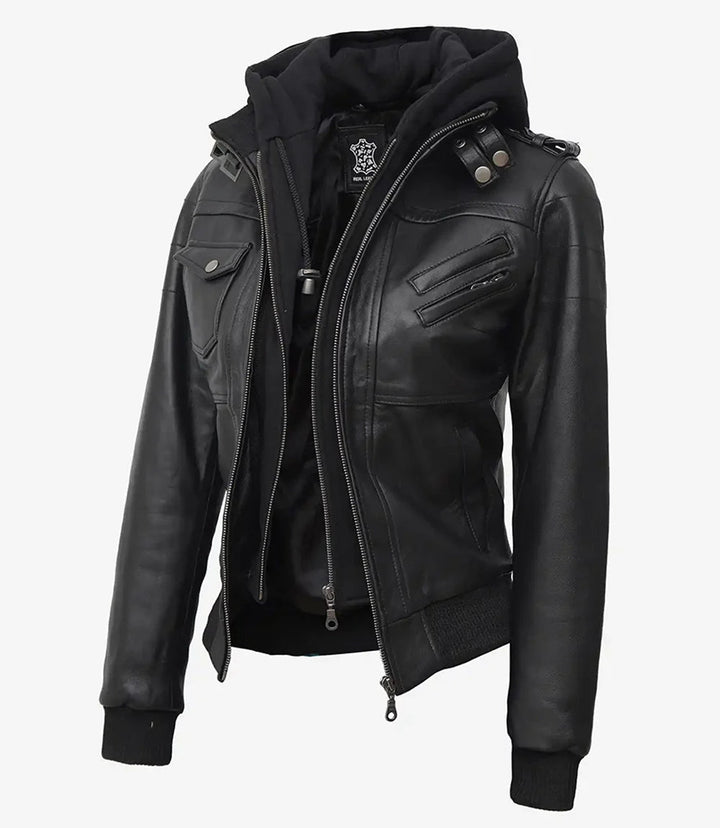 Edinburgh Women's Bomber Black Leather Jacket with Removable Hood - Rare Leather