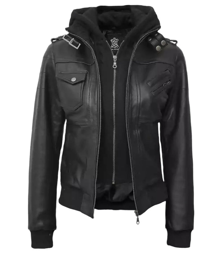 Edinburgh Women's Bomber Black Leather Jacket with Removable Hood - Rare Leather