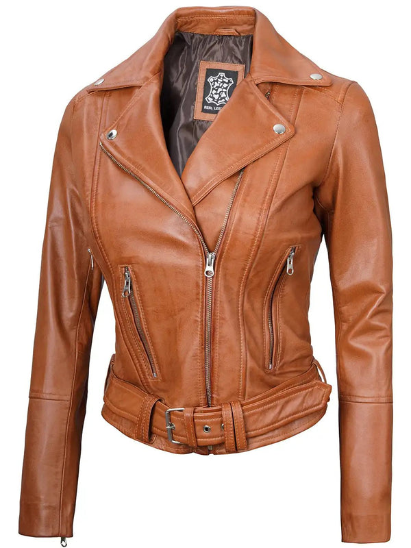 Elisa Womens Light Brown Biker Leather Jacket - Rare Leather