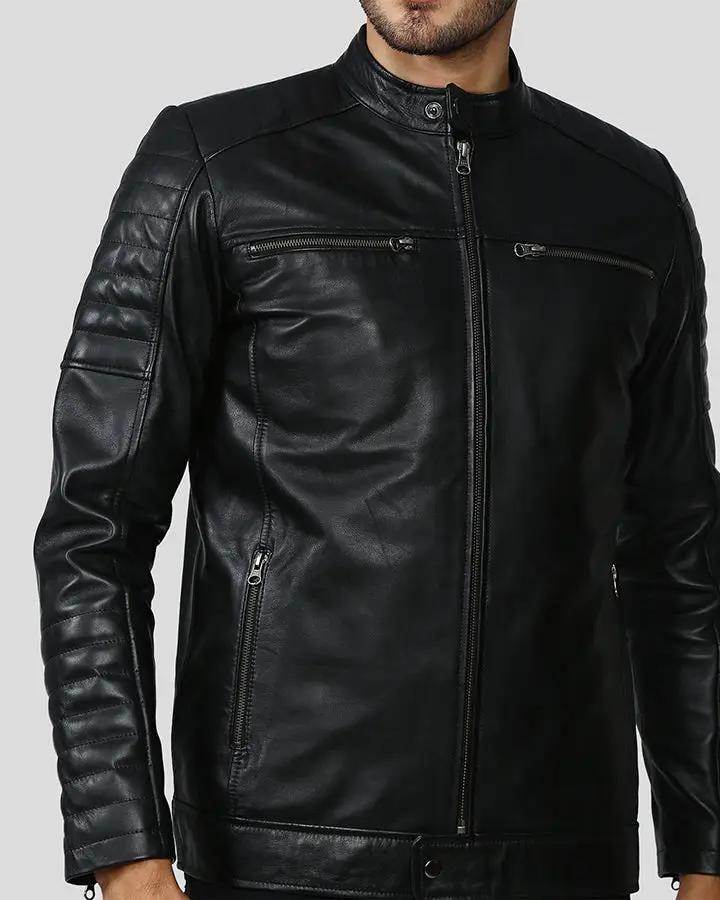 Enzo Black Slim Fit Leather Racer Jacket - Rare Leather