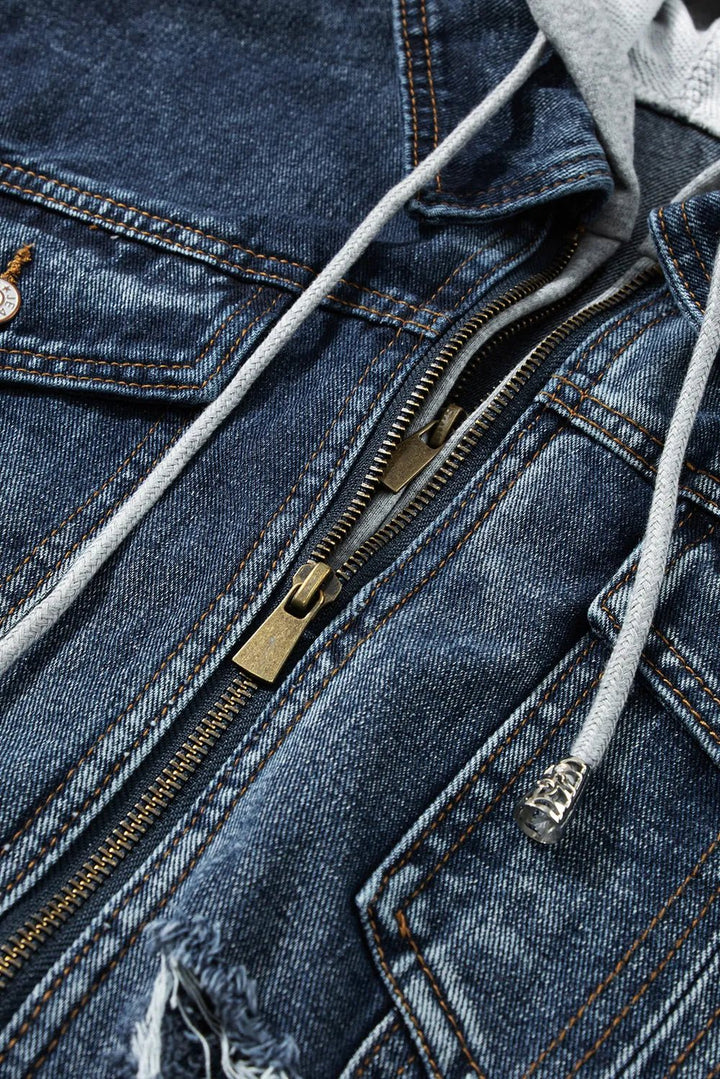 Fake Two - Piece Hooded Zip - Up Denim Jacket - Rare Leather