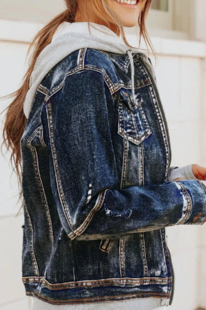 Fake Two - Piece Hooded Zip - Up Denim Jacket - Rare Leather