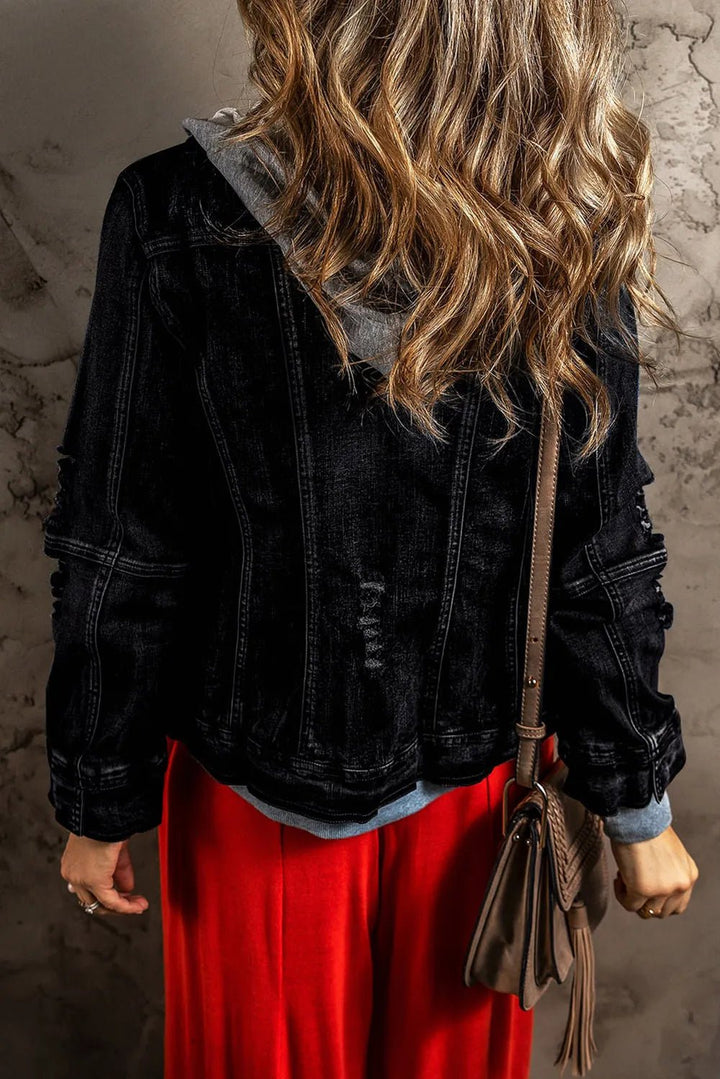 Fake Two - Piece Hooded Zip - Up Denim Jacket - Rare Leather
