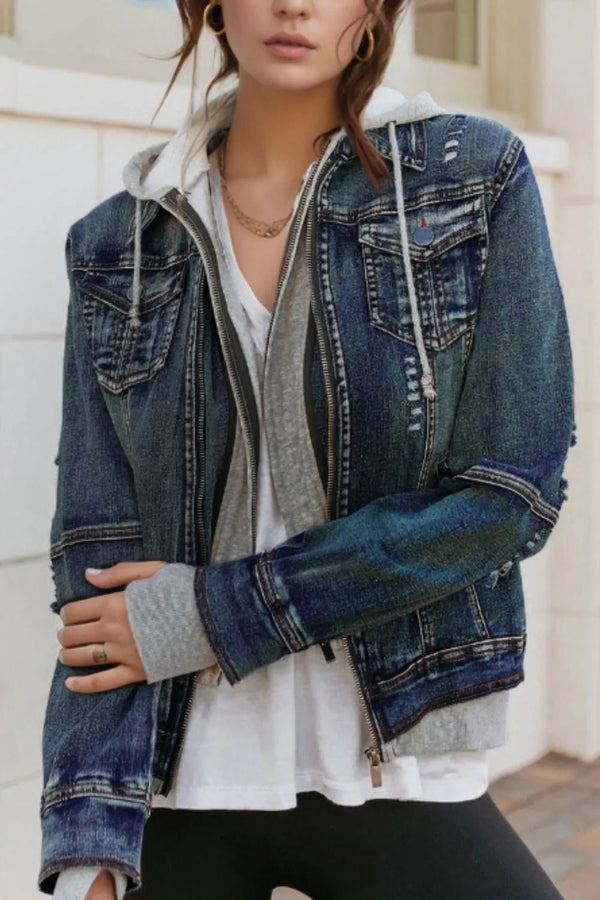 Fake Two - Piece Hooded Zip - Up Denim Jacket - Rare Leather