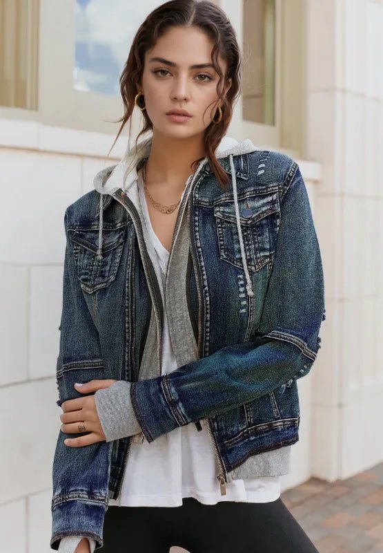 Fake Two - Piece Hooded Zip - Up Denim Jacket - Rare Leather