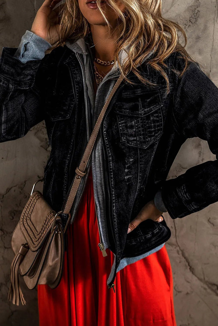 Fake Two - Piece Hooded Zip - Up Denim Jacket - Rare Leather