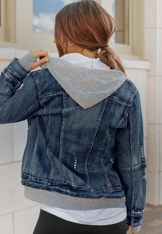 Fake Two - Piece Hooded Zip - Up Denim Jacket - Rare Leather