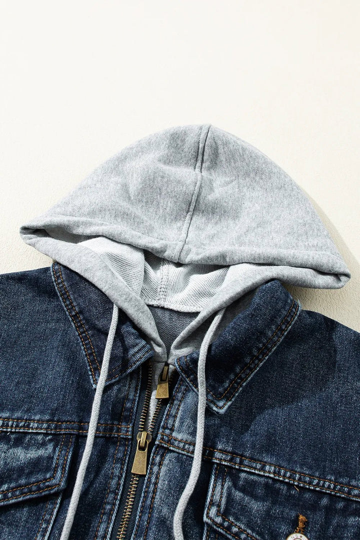 Fake Two - Piece Hooded Zip - Up Denim Jacket - Rare Leather