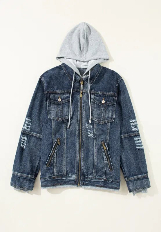 Fake Two - Piece Hooded Zip - Up Denim Jacket - Rare Leather