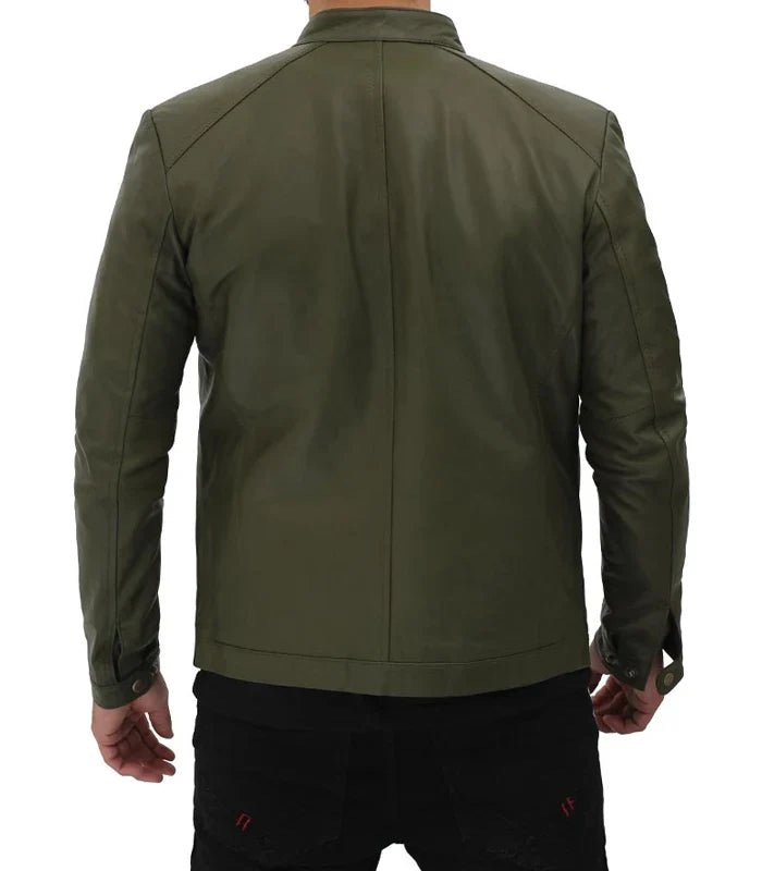 Fano Mens Olive Green Lambskin Leather Biker Jacket - Rare Leather