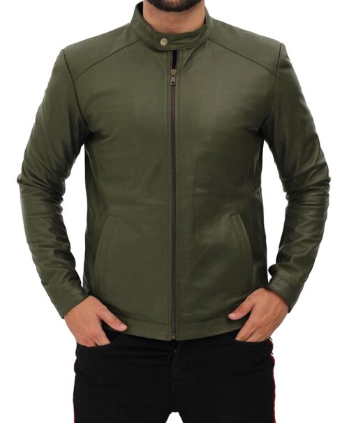 Fano Mens Olive Green Lambskin Leather Biker Jacket - Rare Leather