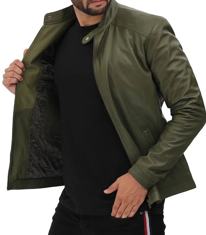 Fano Mens Olive Green Lambskin Leather Biker Jacket - Rare Leather