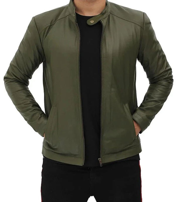 Fano Mens Olive Green Lambskin Leather Biker Jacket - Rare Leather