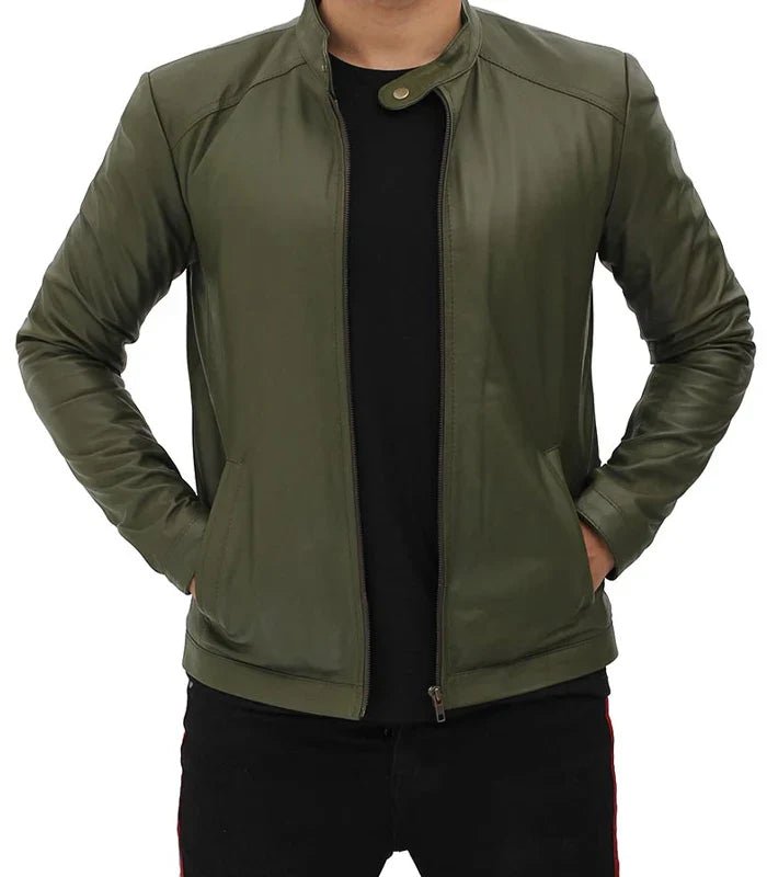 Fano Mens Olive Green Lambskin Leather Biker Jacket - Rare Leather