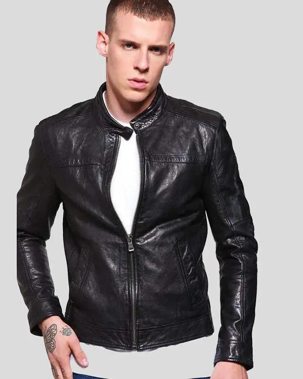 Ferd Black Slim Fit Leather Racer Jacket - Rare Leather