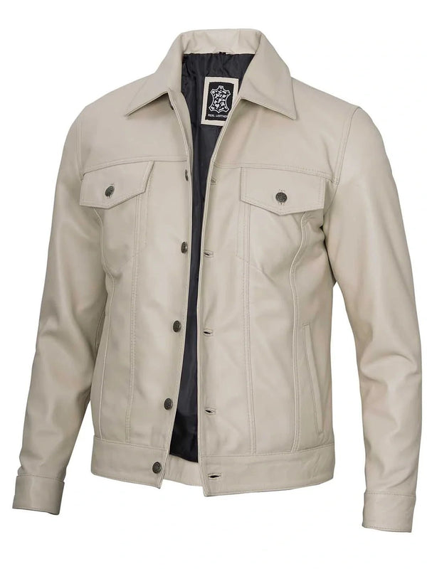 Fernando Men's Beige Real Trucker Leather Jacket - Rare Leather