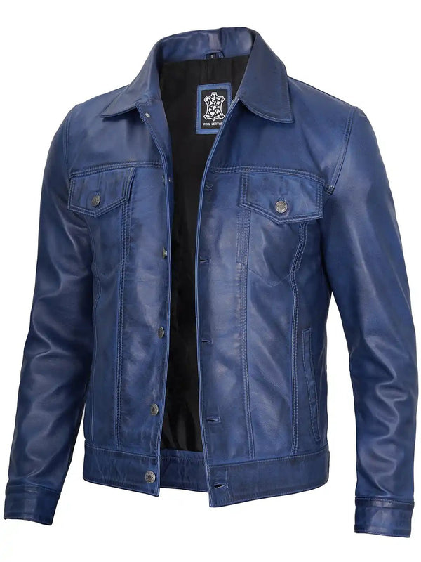 Fernando Men's Blue Real Leather Trucker Jacket - Rare Leather