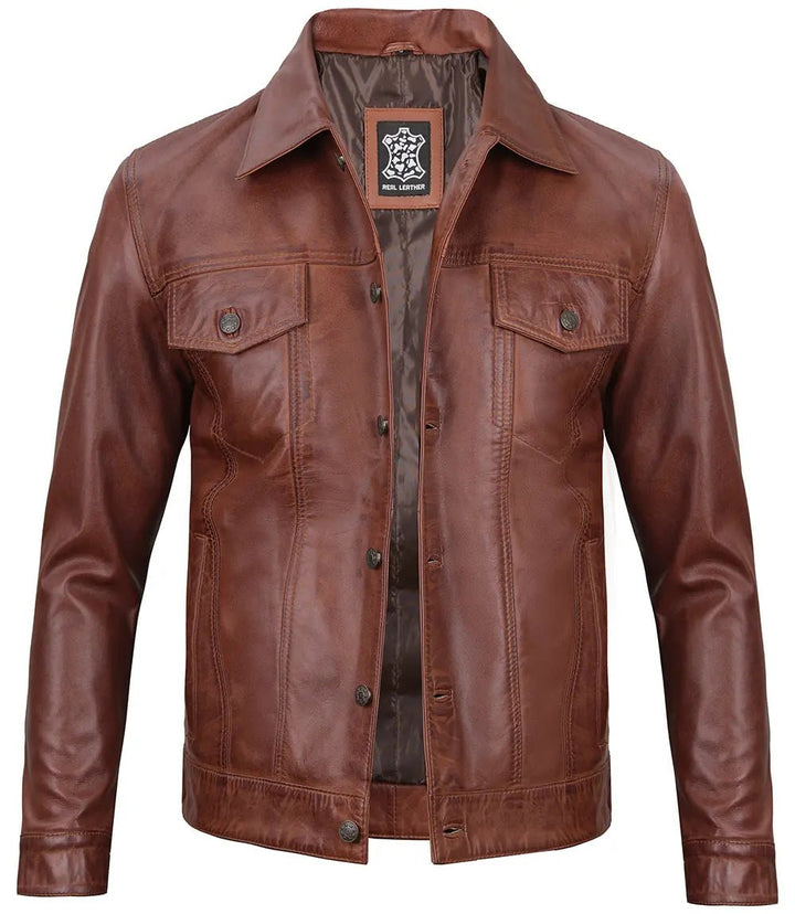 Fernando Men's Brown Harrington Leather Trucker Jacket - Rare Leather