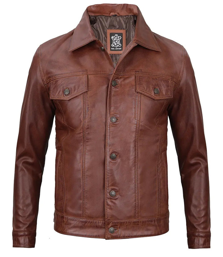 Fernando Men's Brown Harrington Leather Trucker Jacket - Rare Leather