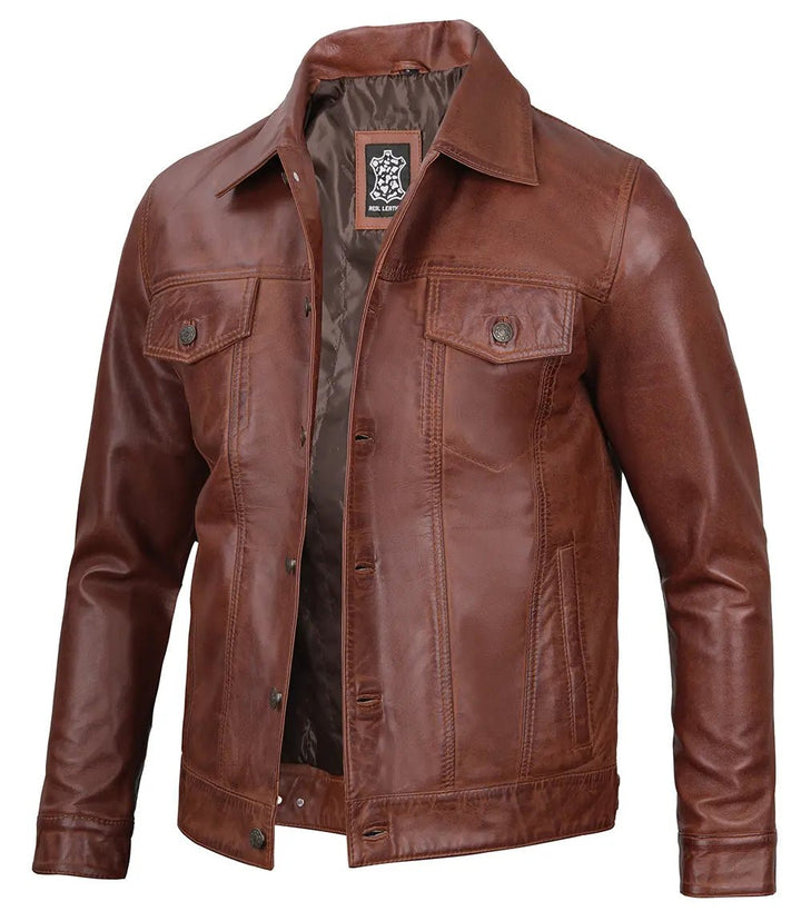 Fernando Men's Brown Harrington Leather Trucker Jacket - Rare Leather