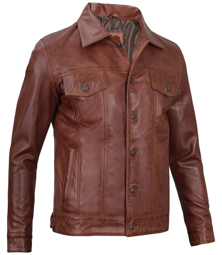 Fernando Men's Brown Harrington Leather Trucker Jacket - Rare Leather