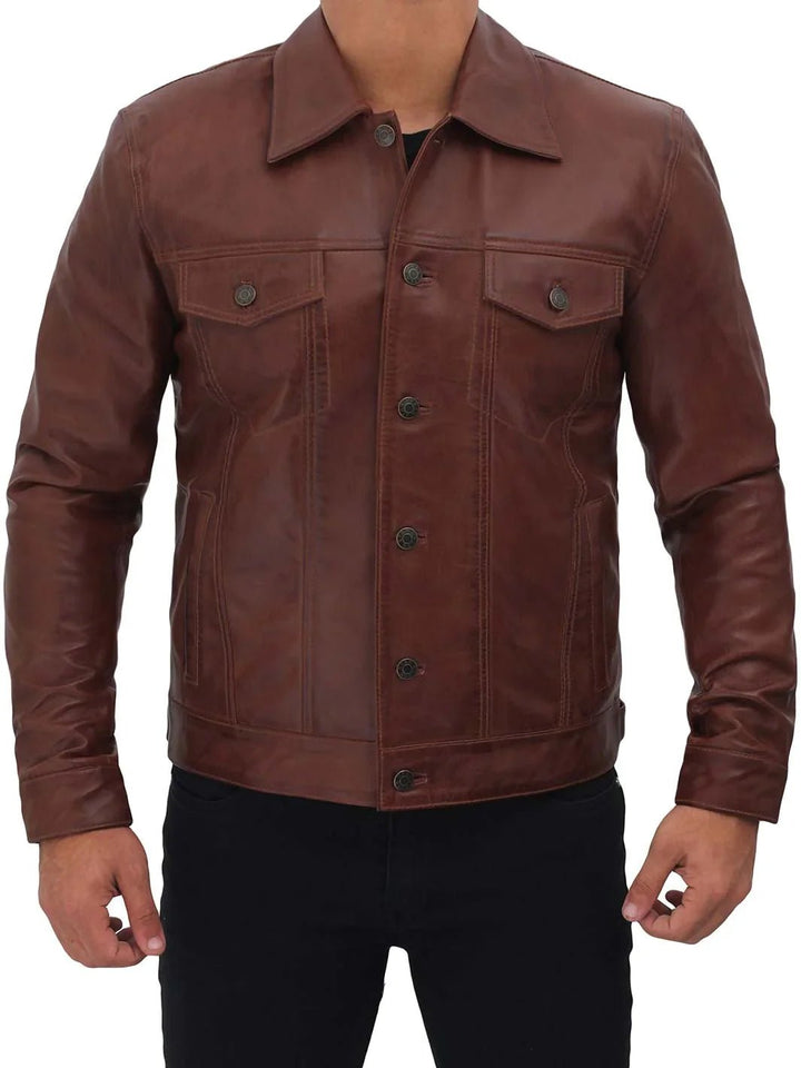 Fernando Men's Brown Leather Trucker Jacket - Rare Leather