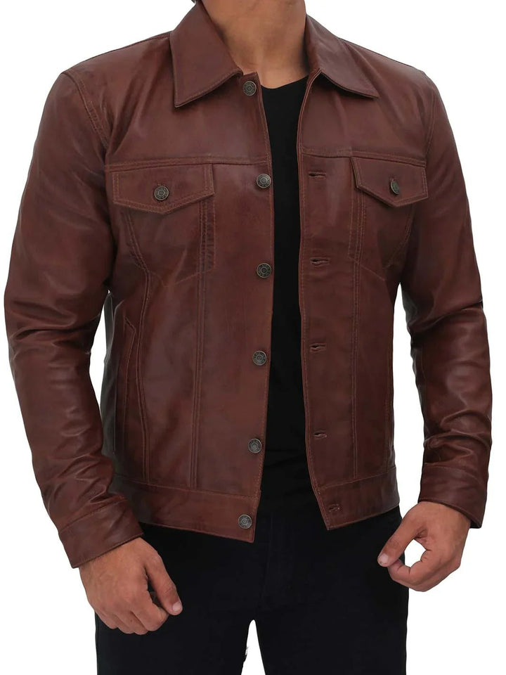 Fernando Men's Brown Leather Trucker Jacket - Rare Leather