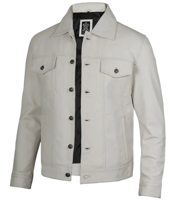 Fernando Men's Off White Leather Trucker Jacket - Rare Leather