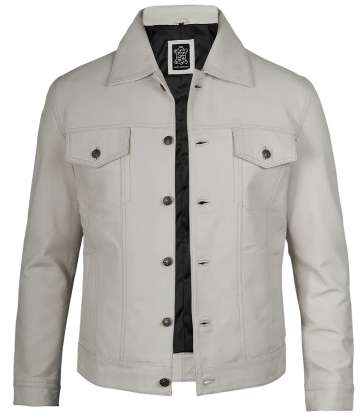 Fernando Men's Off White Leather Trucker Jacket - Rare Leather