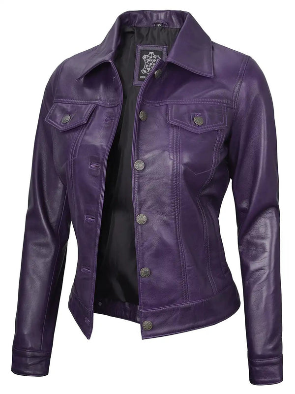 Fernando Women Purple Leather Trucker Jacket - Rare Leather