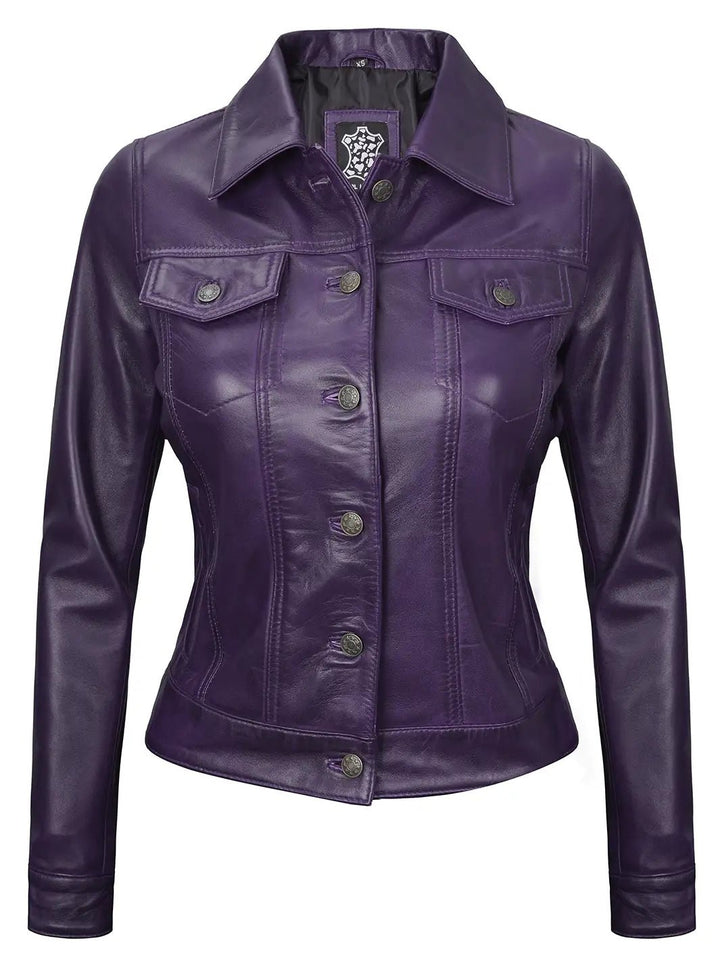 Fernando Women Purple Leather Trucker Jacket - Rare Leather