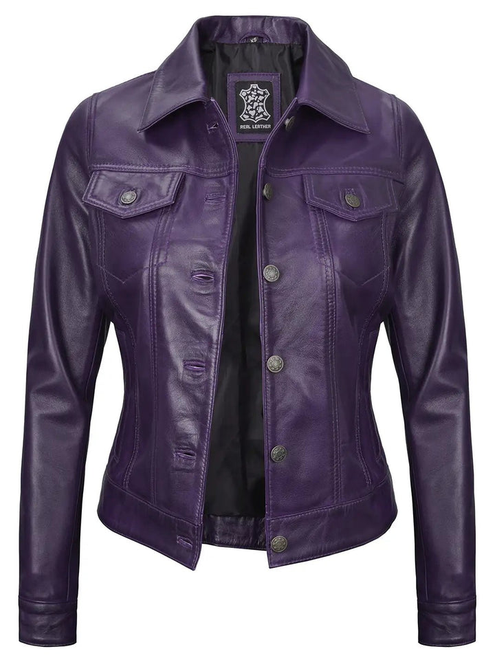 Fernando Women Purple Leather Trucker Jacket - Rare Leather