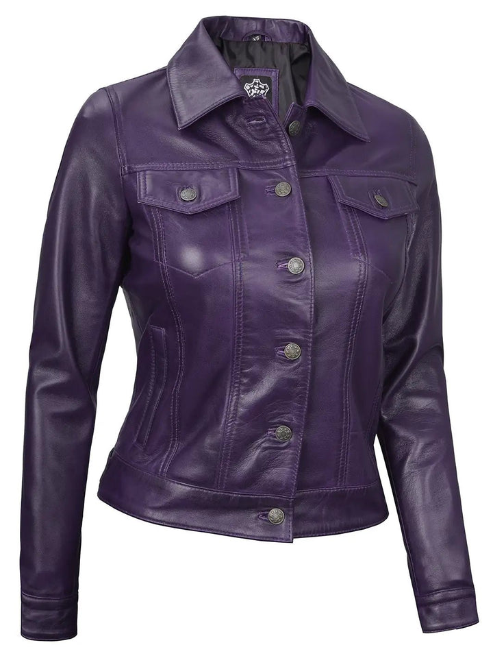 Fernando Women Purple Leather Trucker Jacket - Rare Leather