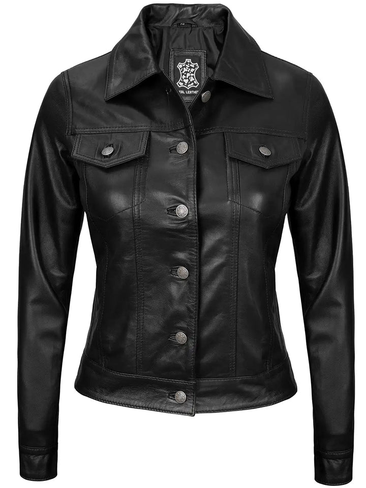 Fernando Women's Black Leather Trucker Jacket - Rare Leather
