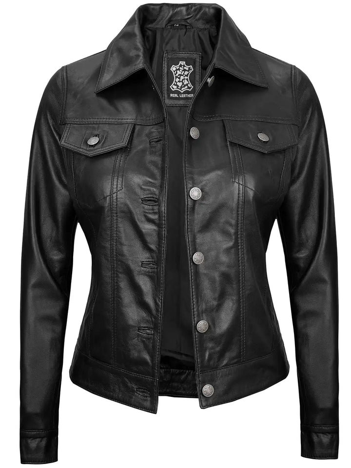 Fernando Women's Black Leather Trucker Jacket - Rare Leather