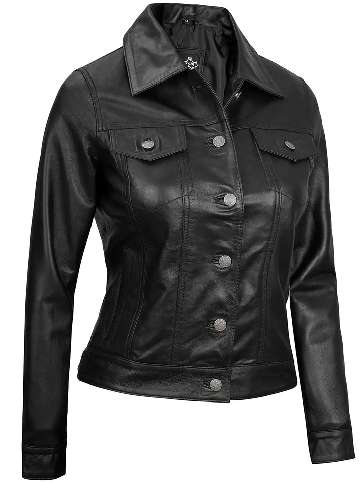 Fernando Women's Black Leather Trucker Jacket - Rare Leather