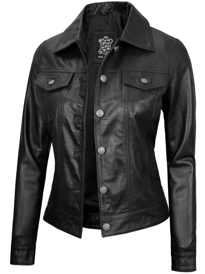 Fernando Women's Black Leather Trucker Jacket - Rare Leather
