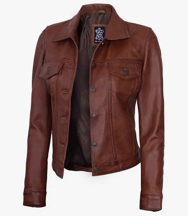 Fernando Womens Cognac Brown Leather Trucker Jacket - Rare Leather