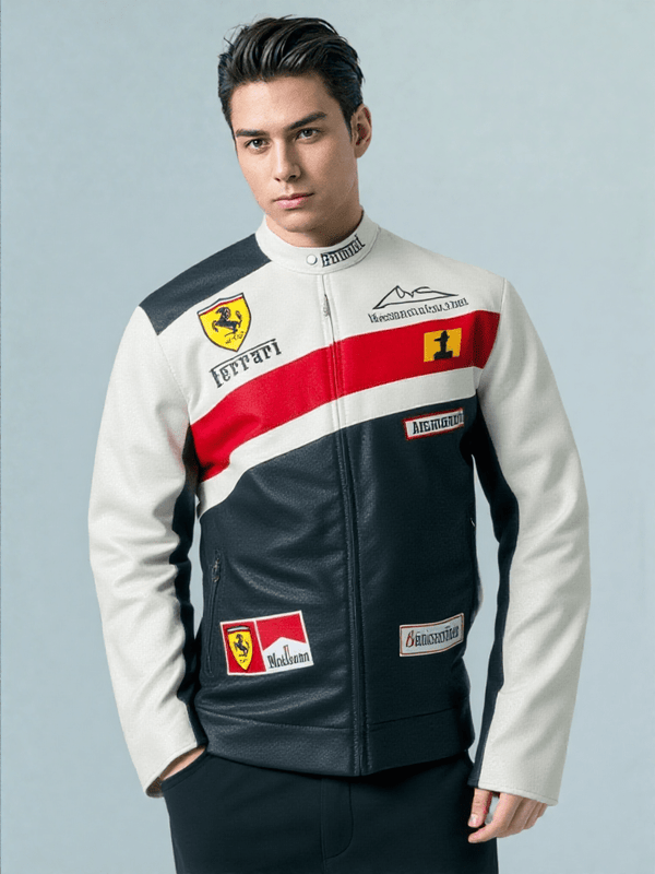 Ferrari Black & White Leather Vintage Racing Jacket - Rare Leather Order Now !!