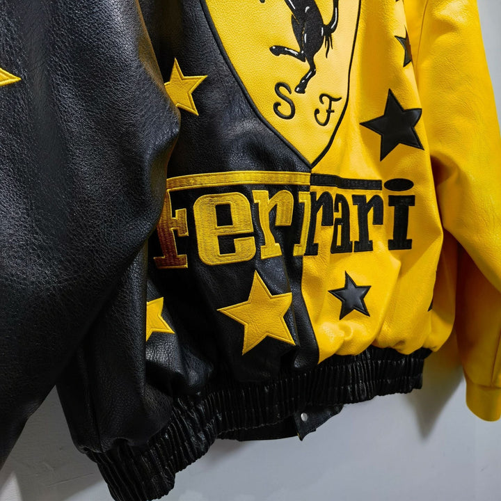 Ferrari Black - Yellow Leather Vintage Racing Jacket - Rare Leather Order Now !!