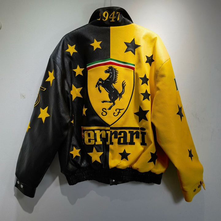 Ferrari Black - Yellow Leather Vintage Racing Jacket - Rare Leather Order Now !!