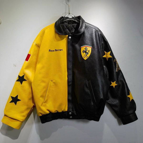 Ferrari Black - Yellow Leather Vintage Racing Jacket - Rare Leather Order Now !!