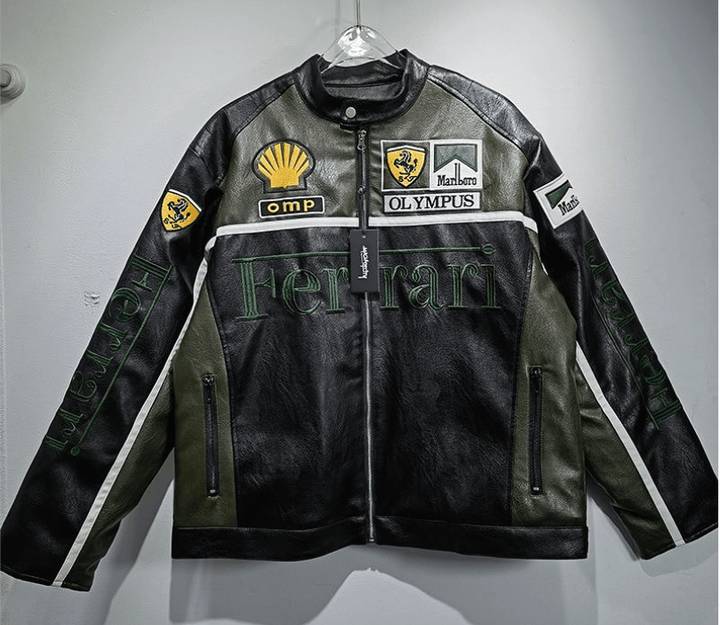 Ferrari Green - Black Leather Vintage Racing Jacket - Rare Leather Order Now !!