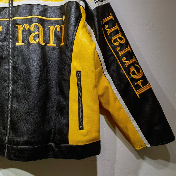Ferrari Yellow - Black Leather Vintage Racing Jacket - Rare Leather Order Now !!
