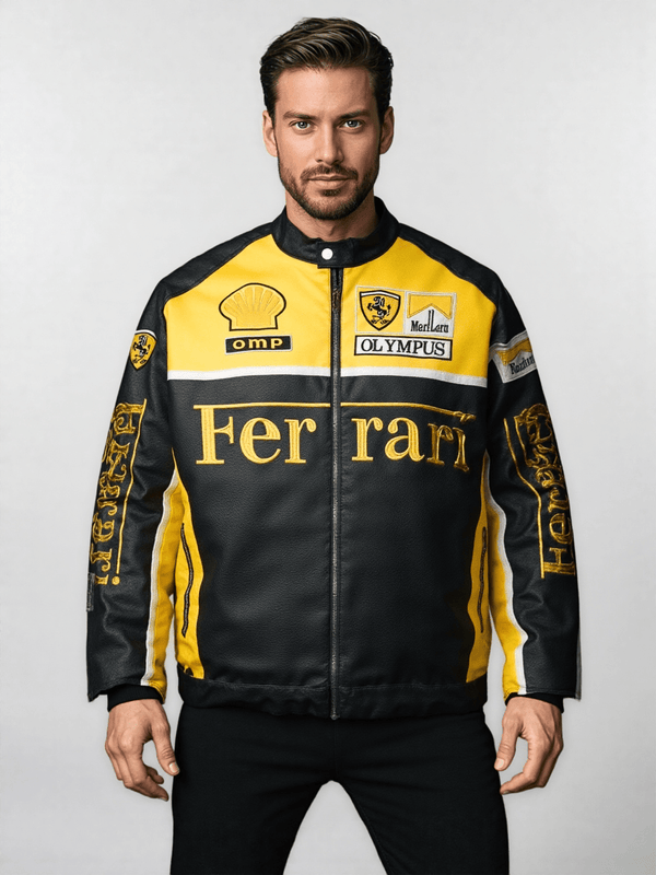 Ferrari Yellow - Black Leather Vintage Racing Jacket - Rare Leather Order Now !!