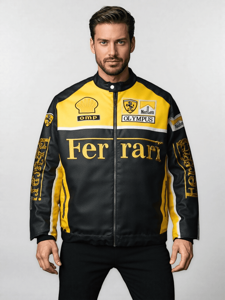 Ferrari Yellow - Black Leather Vintage Racing Jacket - Rare Leather Order Now !!