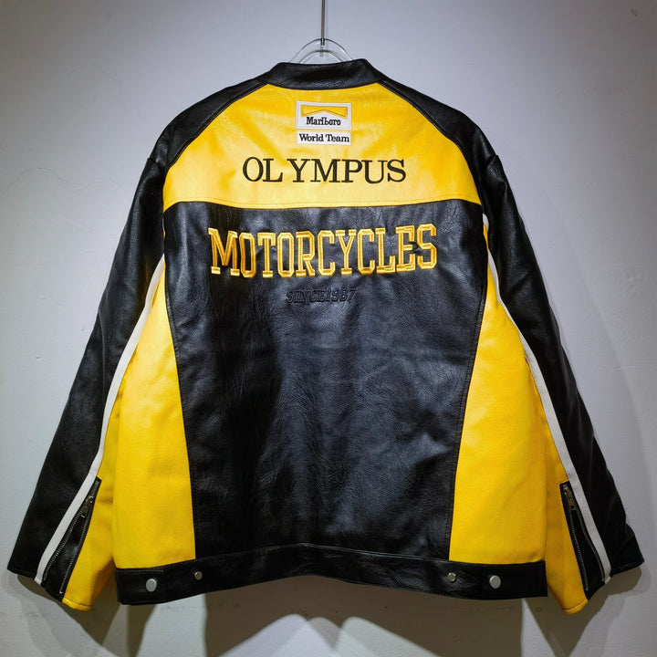 Ferrari Yellow - Black Leather Vintage Racing Jacket - Rare Leather Order Now !!