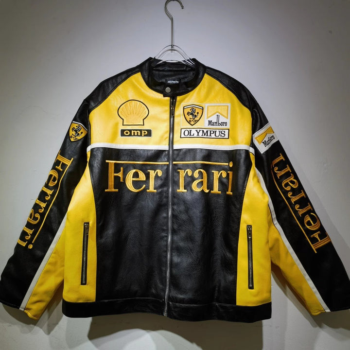 Ferrari Yellow - Black Leather Vintage Racing Jacket - Rare Leather Order Now !!