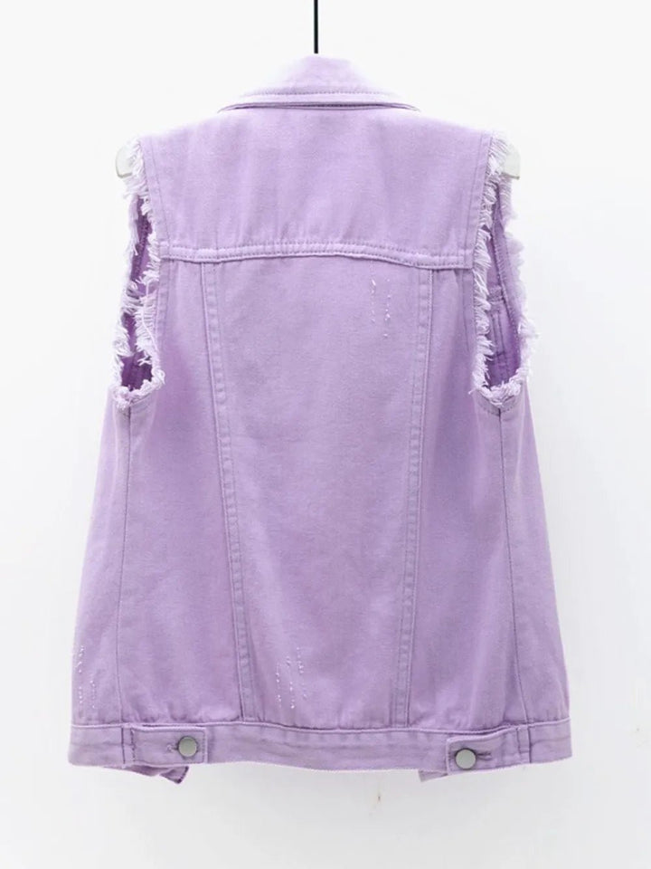 Full Size Button Down Raw Hem Sleeveless Denim Jacket Plus Size - Rare Leather