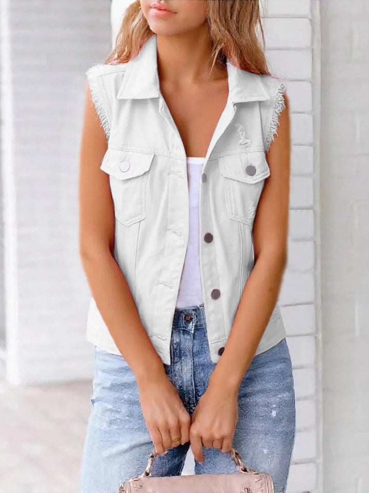 Full Size Button Down Raw Hem Sleeveless Denim Jacket Plus Size - Rare Leather